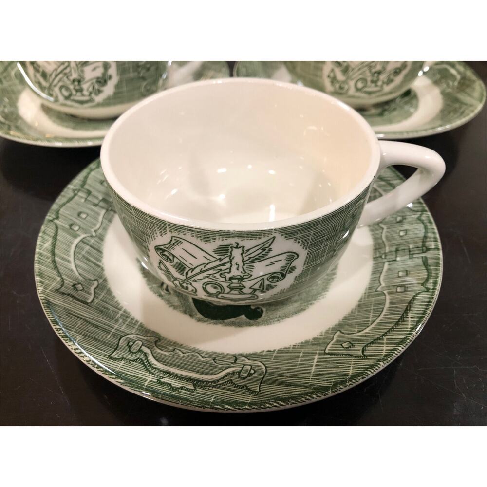 Vintage "The Old Curiosity Shop" 3 Sets Cups And Saucers - Green - Royal - USA